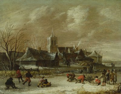 Pueblo en invierno con figuras patinando de Salomon Rombouts